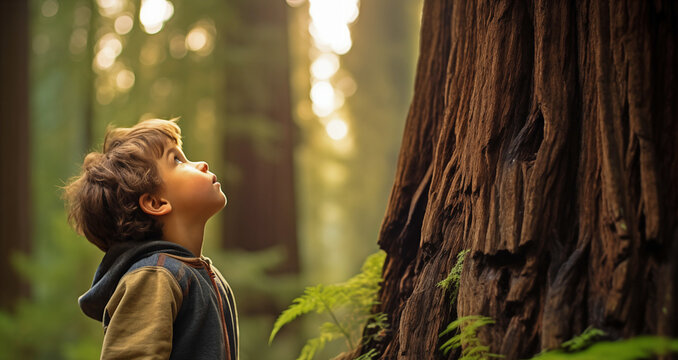 Young boy outdoors in forest looking up at giant Redwood tree.