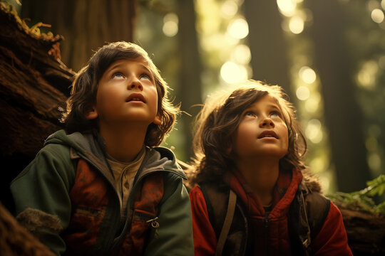 Two young brothers looking up at giant Redwood tree in forest.