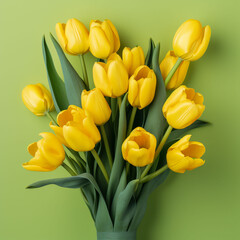 A bouquet of yellow tulips on a green background