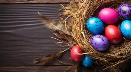 Fototapeta premium Easter eggs in a nest on a wooden table