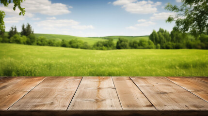 Empty wooden table on the background of spring greenery