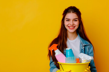 Smiling young woman in rubber protective gloves holding bucket with cleaning supplies on yellow background. Spring cleaning, housekeeping and hygiene concept. Design for banner, poster with copy space
