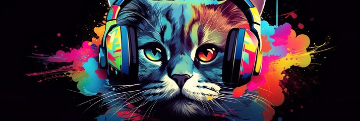 Colorful bright illustration of a cat with different green and red eyes in big colorful retro headphones listening to music. Banner. Black background. 