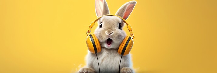 Surprised bunny rabbit DJ is listening disco music in big yellow headphones, open mouth. Isolated. Yellow  - obrazy, fototapety, plakaty