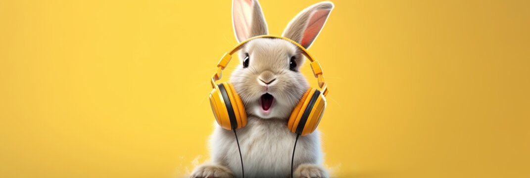 Surprised bunny rabbit DJ is listening disco music in big yellow headphones, open mouth. Isolated. Yellow 