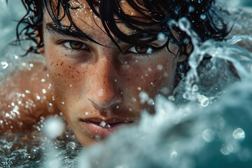 Refreshing Water Splash: Young Caucasian Swimmer Enjoying Summer Shower Outdoors