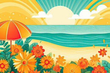 Fototapeta na wymiar Summer colorful vector background with sunflowers, beach umbrellas, and sunglasses