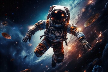 Intrepid astronaut in a sleek spacesuit floating against the space backdrop