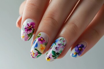 Female hand with floral manicure. Generative AI