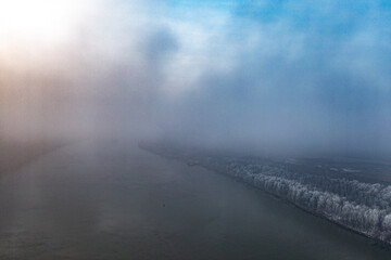Winter Mist Over Danube: Aerial View on a Foggy Day