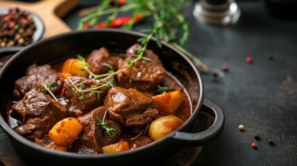 Stewed meat with vegetables. Generative AI