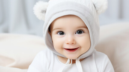 Portrait of Happy Smiling Little Baby in Cap Indoors