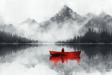 Lonely Man in Red Boat on Lake Against Mountains, Black and White Illustration