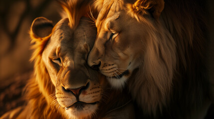 Close up of two lions cuddling in a loving affectionate embrace. African safari mammals. AI generated 