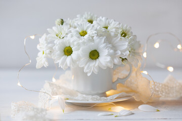 White daisy chrysanthemum flowers in a cup, light garland and lace ribbon on a white wooden table. Beautiful card for the holiday. - 719712379