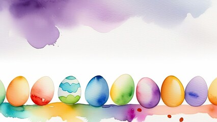 Easter concept, colorful Easter eggs on a white background, layout, top view. Painted with watercolors. Place for text. Copy space. Banner.