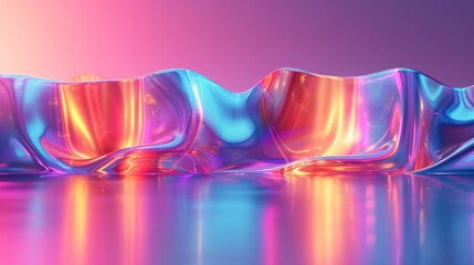 abstract colorful background, A vibrant abstract wave with a holographic finish that shimmers in pink, blue, and orange hues on a reflective surface..