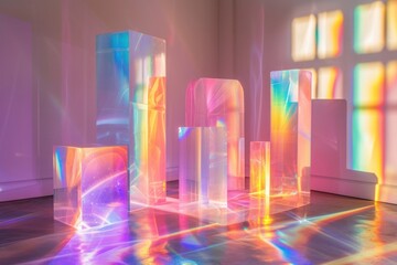 Translucent holographic blocks cast playful reflections in a spectrum of pastel colors, creating an iridescent and dreamlike arrangement that feels both futuristic and imaginative........