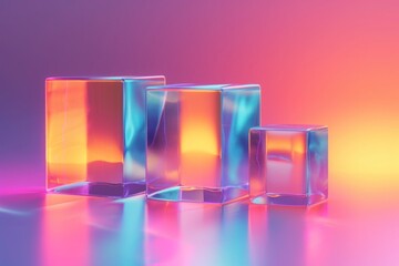 abstract colorful background, A series of geometric cubes with a holographic surface, reflecting a gradient of neon pink, blue, and orange colors on a glossy background..