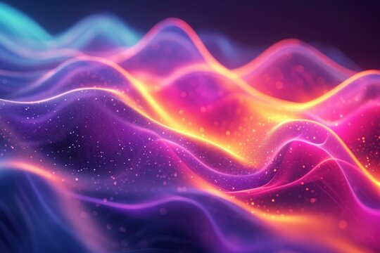 A flowing neon wave that glows with vibrant pink and blue hues, sprinkled with particles resembling a starry cosmos..