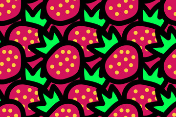 Sweet summer cartoon strawberry. Bright pink colors. Colorful. Seamless vector pattern for design and decoration.