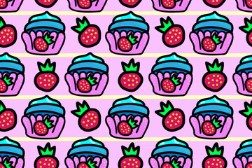 Sweet strawberry pink and blue cartoon cupcake. desert. Seamless vector food pattern for design and decoration.