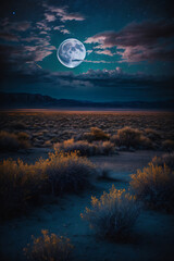 Fototapeta na wymiar Full Moon Illuminating Desert Landscape in Night Sky. Generative AI.