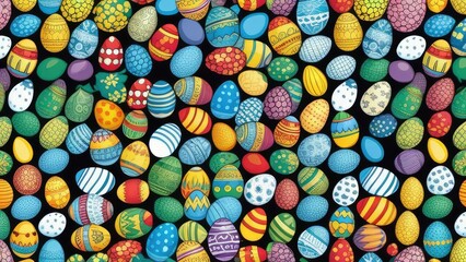 Easter concept, Background of colorful and bright Easter eggs. Lots of small painted eggs. Banner. View from above.