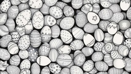 Easter concept, Background of black and white Easter eggs. Many small painted eggs. Banner.