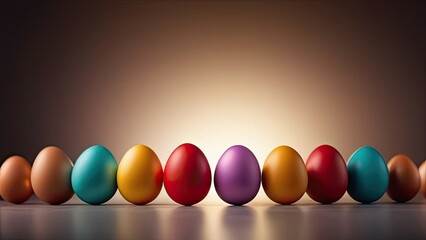 Easter concept, layout of colorful and bright Easter eggs on a dark background. Banner. Place for text. Copy space.