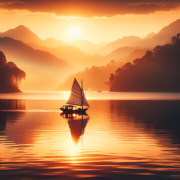  a captivating image featuring a lone sailboat gracefully navigating the calm waters of a scenic lake during the golden hour, Generative Ai