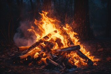 Fototapeta premium Night camp in a forest. Adventure vacation trip camping vibe. Bonfire in the forest on a background of the night. Traveling concept. Holiday camp.