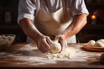 Baker kneading dough in the kitchen. Close up shot, hands of chef preparing fresh dough for bread, pizza or pasta out of flour.