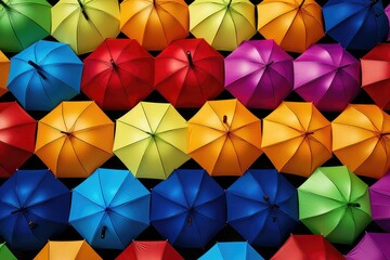 Multicolored umbrellas on black background. 3d illustration. Umbrellas colorful variety over bright dark background. luxury Umbrellas.