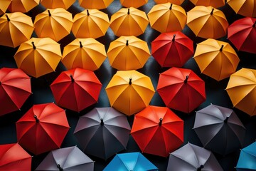 Colorful umbrellas on a black background. 3d rendering. stylish unique colorful umbrellas. individuality and difference concept.