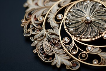 Luxury gold jewelry on a black background. close-up. luxury gold ornament on black background. Elegant floral ornament design.  vintage jewelry. - obrazy, fototapety, plakaty
