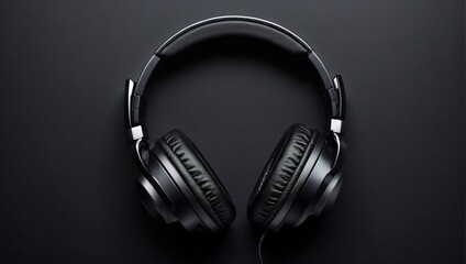 Black over-ear headset on black background, copy space, advertising space