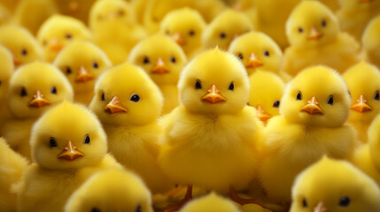 A crowd, a flock of fluffy yellow cute chicks, chicks gathered together.