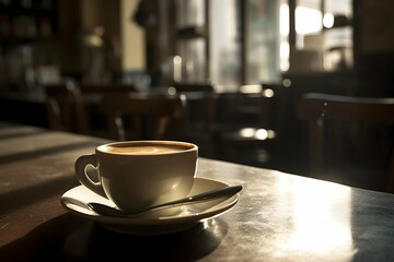 Latte Elegance Hot Cuppa on Cafe Wooden Background