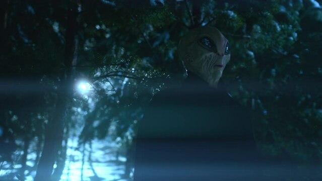 Alien in trench coat standing in the forest at night, turning and looking around, exploring Earth after arrival from outer space. Ufo light shining through trees
