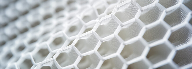 White textile fabric with hexagonal pattern, closeup detail to structure - future clothing materials concept. Generative AI - obrazy, fototapety, plakaty