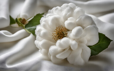 Obraz na płótnie Canvas White cotton flowers on white cotton fabric background