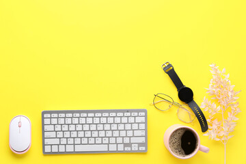 Composition with modern computer keyboard, mouse, wristwatch, eyeglasses and cup of coffee on...