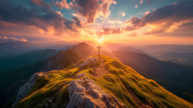 The holy cross rises from the top of a mountain, embedded in the impressive backdrop of a cracked mountain range. The sun is shining brightly in the sky and bathes the scene in a warm, golden light.
