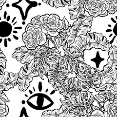 Tropical plant leaves pattern for textile design, fabric print, wallpaper, digital paper. Palm tree leaf background, jungle vintage style, hand drawn illustration for cafe, spa hotel decoration.