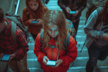 School youth engrossed in the glowing screens of their smartphones.