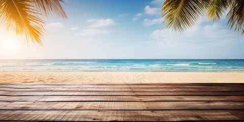 Tropical beach background for product display on wooden table.