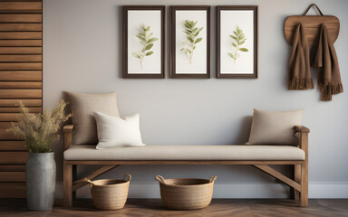 Wooden rustic bench with pillows against wall with two poster frames. Country farmhouse interior design of modern home entryway - obrazy, fototapety, plakaty