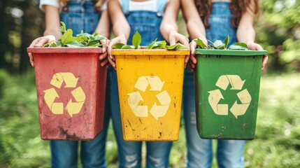 Three women holding recycling bins with the words recycle, compost and trash on them, AI