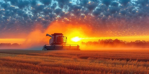 Fototapeta premium Combine harvester harvests ripe wheat